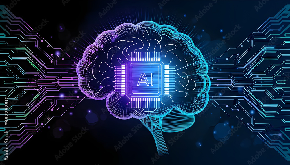 Poster digital ai chip integral into abstract technology brain on dark blue background circuit board tech