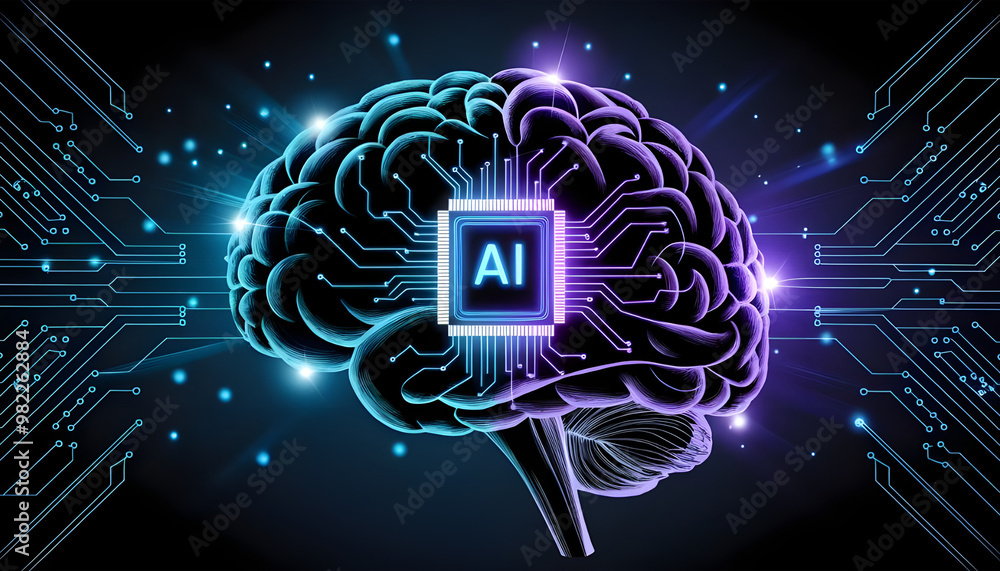 Poster digital ai chip integral into abstract technology brain on dark blue background circuit board tech