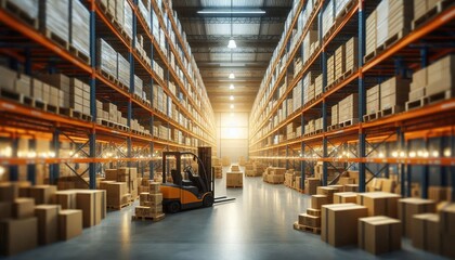Fototapeta premium High-resolution stock photo of a bustling retail warehouse filled with stacked shelves of goods in cartons, pallets arranged neatly, and forklifts in motion, with a blurred background