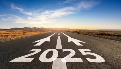 Road to 2025 with an empty road with written 2025 and arrow pointing towards the horizon to represent the future and positivity and success of the new