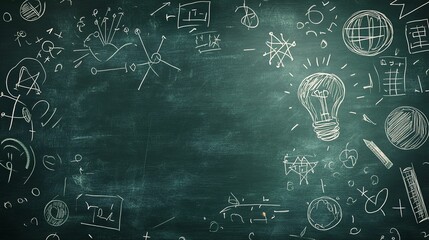 Chalkboard with Lightbulb and Various Drawings