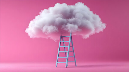 3D Render of a Ladder Reaching Up to a Fluffy White Cloud on a Pink Background, Concept of Reaching for Dreams or Goals