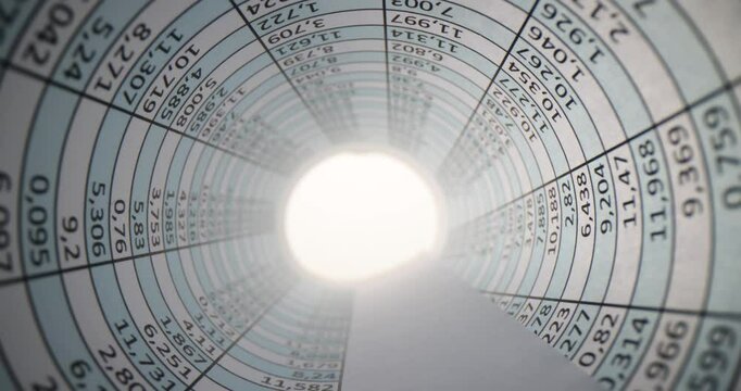 Financial document with numbers rolled up into tube at end of bright light. Strategy development and financial report