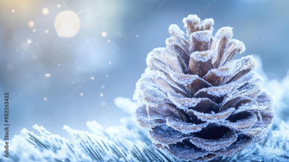 Poster A frosted pine cone resting on a snowy surface, capturing the essence of winter with shimmering details and a serene atmosphere.