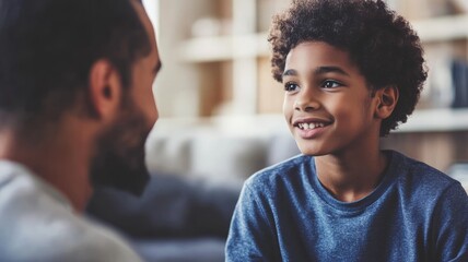 Fototapeta premium Smiling boy listening attentively to bearded adult in cozy room