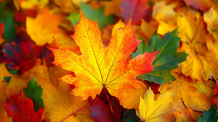 Fototapeta premium Vibrant Autumn Maple Leaf with Deep Veins and a Red Tip Centered in a Pile of Colorful Fall Foliage