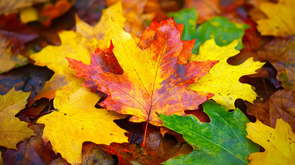 Vibrant Autumn Leaves Displaying a Stunning Array of Colors, with Shades of Yellow, Orange, Red and Green