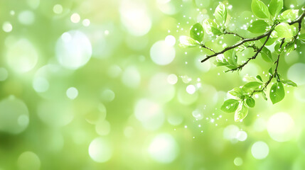 Abstract Green Nature Background with Branch and Shiny Light Bokeh Effect, Creating a Serene and Peaceful Atmosphere for Design Projects.