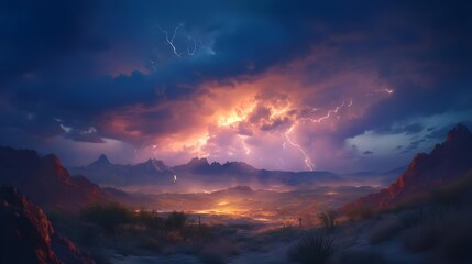 Obraz premium Stunning landscape with dramatic clouds lit by lightning, showcasing nature's raw beauty and vibrant colors at twilight.