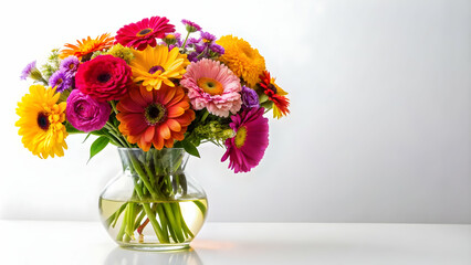 Obraz premium Bright bouquet of colorful flowers in a clear glass vase on a white background, floral arrangement, vibrant