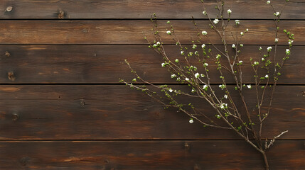 Fototapeta premium White Flowers on a Branch Resting on a Brown Wooden Surface
