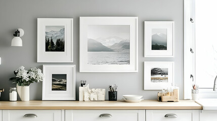 Fototapeta premium Framed Pictures of Mountain Landscapes and Seascapes Decorate a Modern Kitchen with a Light Grey Wall, Wooden Countertop, and White Cabinets