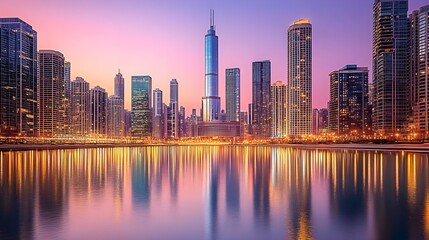 Fototapeta premium Stunning skyline view at dusk with reflections in water, showcasing tall buildings against a vibrant colorful sunset.