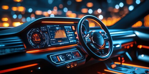 Futuristic car interior with glowing dashboard and steering wheel.