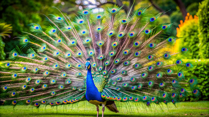 A beautiful peacock displaying its vibrant plumage in a park setting, peacock, park, bird, wildlife, nature, colorful, feathers