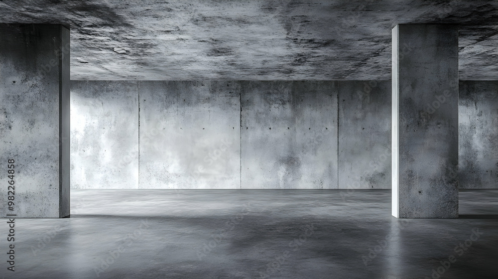 Poster minimalist concrete room with rough texture and light shining through window, creating a dramatic ar