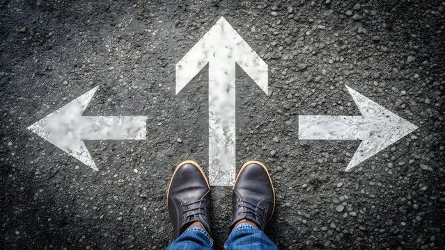 Confusing directional arrows on asphalt ground with feet and shoes , arrows, asphalt, ground, feet, shoes, confusion