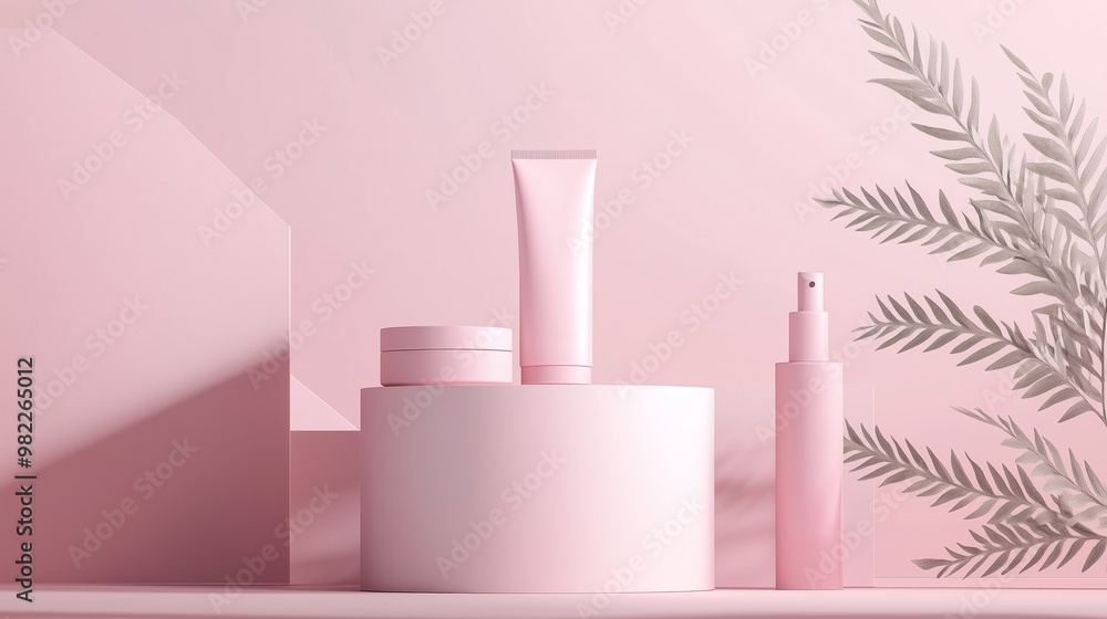 Poster elegant pink skincare products displayed on a minimalist shelf with subtle greenery in a serene sett