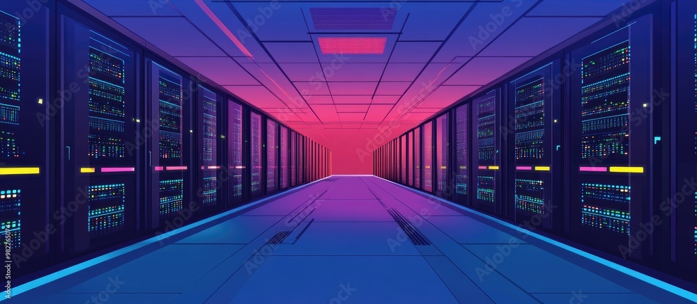 Poster large data center filled with servers in tech environment