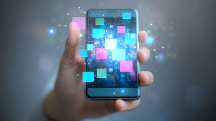 A Hand Holding a Smartphone with Colorful Square Lights Emitting From It, Representing the Concept of Digital Connections and Communication