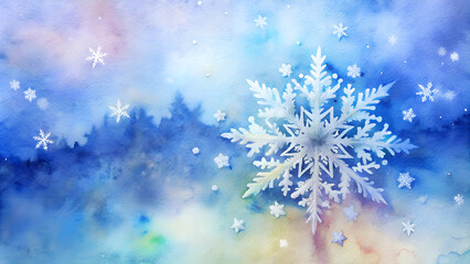 Delicate Snowflake in Dreamy Blue Watercolor Winter Scene with Copy Space
