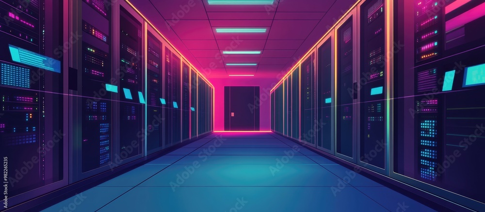 Poster colorful data center technology background with server lights and tabs