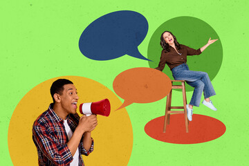 Composite photo collage of happy american guy scream megaphone communication bubble old lady speech...