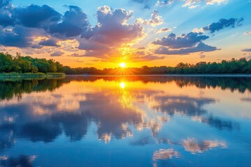 Breathtaking sunset over a tranquil lake, reflecting vibrant colors of the sky and clouds, creating a serene and peaceful atmosphere.