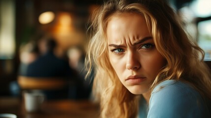 Obraz premium A young woman with curly blonde hair displays a pensive expression while seated in a busy café during the afternoon