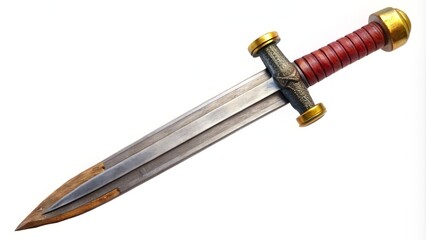 Obraz premium Ancient Roman gladius sword, with ornate hilt and intricate designs, stands alone on a pristine white background,