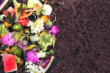 Vegetable and fruit waste from cooking on the ground. Compost. The concept of 