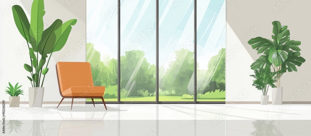 Poster elegant empty room with large window and nature view