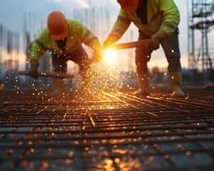 Concrete being poured into detailed frameworks, workers ensuring structural integrity, Construction Site, The core of construction in action