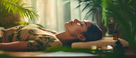 Relaxed Asian woman lying on her stomach, a masseuse using essential oils, tropical spa environment, Body care, aromatherapy session