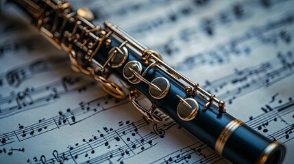 A Black and Gold Clarinet Resting on Sheet Music