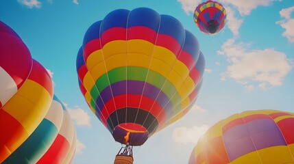 Vibrant hot air balloons soaring against a clear blue sky, showcasing colorful patterns and the beauty of flight at dawn.
