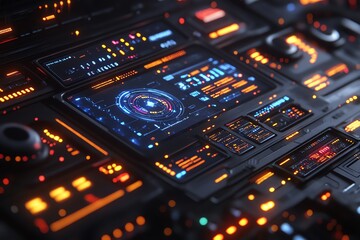 Fototapeta premium Futuristic control panel with glowing orange and blue lights.