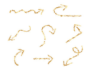 Collection vector of hand drawn golden arrows. Set of simple arrows isolated without background. Arrow icons. Arrow paint. Grunge brush paint