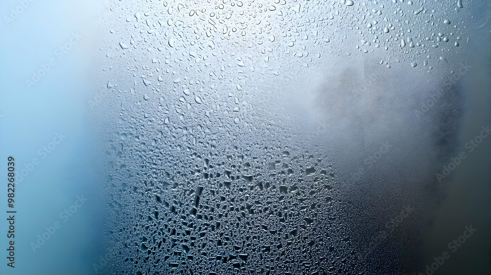 Poster close-up photograph of water droplets on a smooth glass surface, creating a abstract background