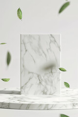 Marble product display podium. Falling green leaves on white background. 3d rendering