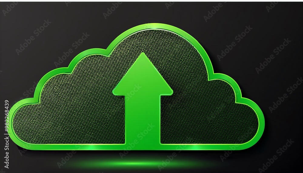 Poster a green cloud symbol with an upward arrow, representing cloud storage and data upload, set against a