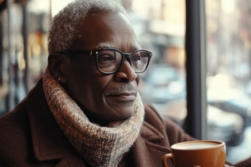 Elegant senior man is sitting by the window in a cafe, enjoying a moment of peace with his coffee
