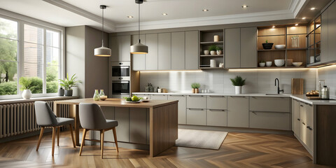 Fototapeta premium Modern kitchen interior featuring light gray and brown colors, modern, kitchen, interior, light gray, brown, colors