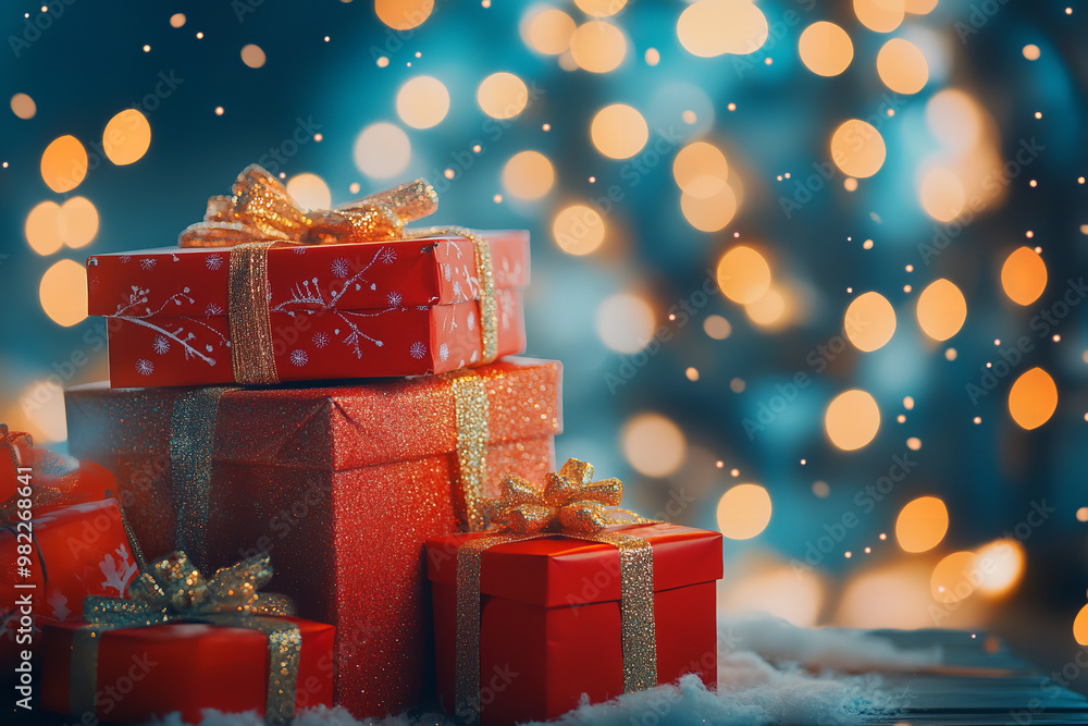 Sticker Stack of Festive Gift Boxes Under Sparkling Lights  