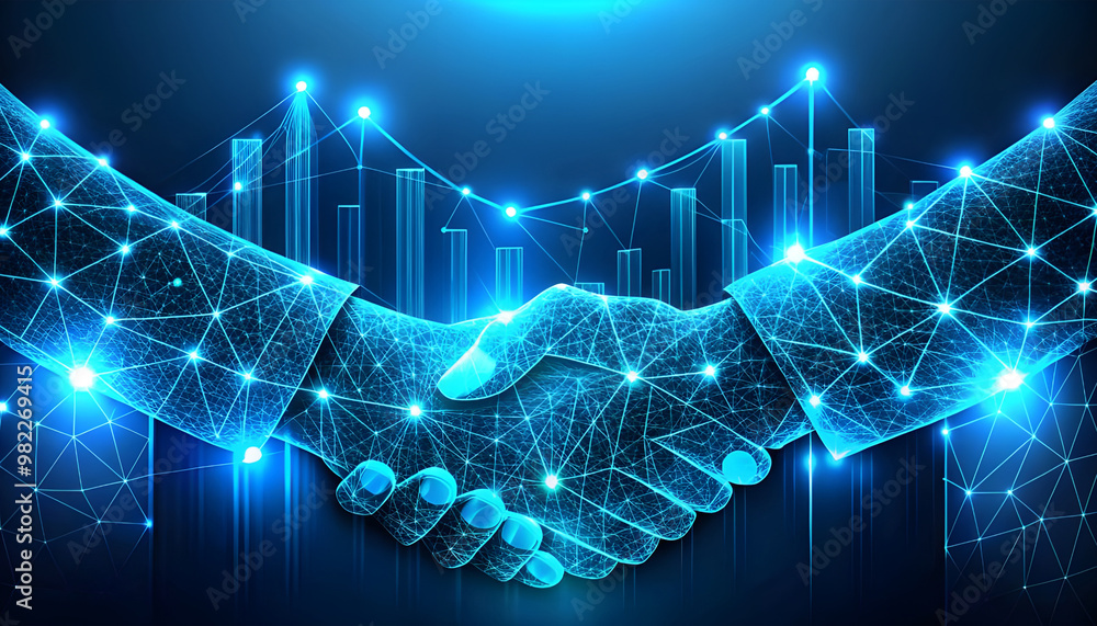 Poster chart graph with up arrow hologram and businessmen handshake on technology background rise chart