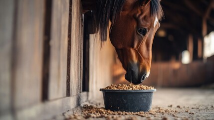 Brown Horse Eating from a Black Bowl in a Barn