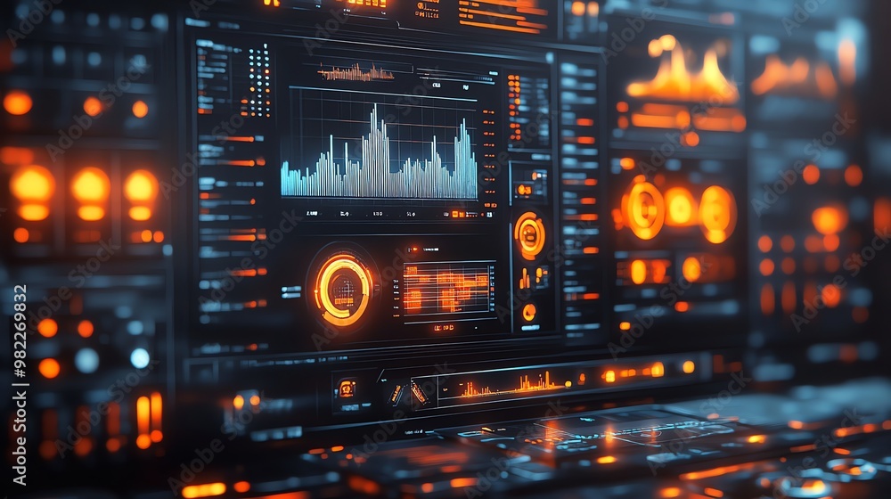 Poster futuristic digital interface with glowing orange and blue lights displaying data and graphs.