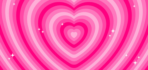 Aesthetic love tunnel hypnotic wallpaper with sparkles in bubblegum pink colors. Heart silhouette psychedelic background illustration. Vector 