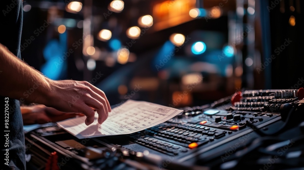 Poster sound engineer working at a sound mixing console