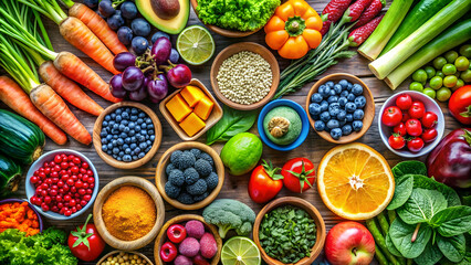 A vibrant stock photo featuring an assortment of healthy foods including colorful fruits, fresh vegetables